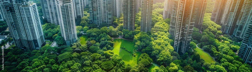Ecofriendly city concept, aerial view of green parks among tall buildings, depicting sustainable urban living