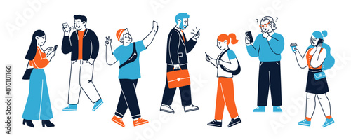 Set of different people characters using smartphone on walk