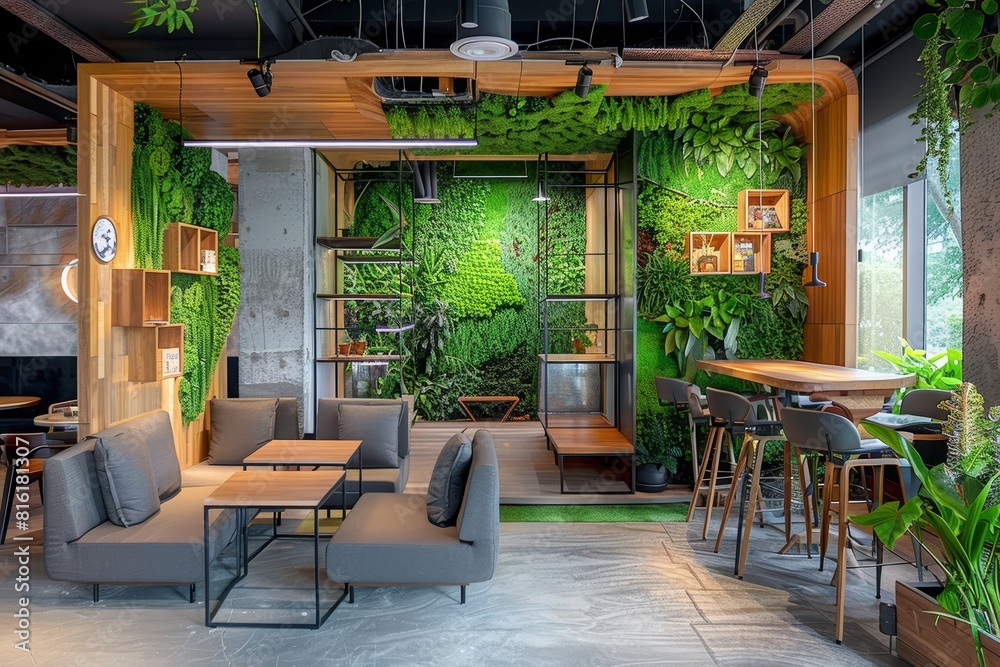 Obraz premium Modern office lounge with lush living walls creating a green workspace