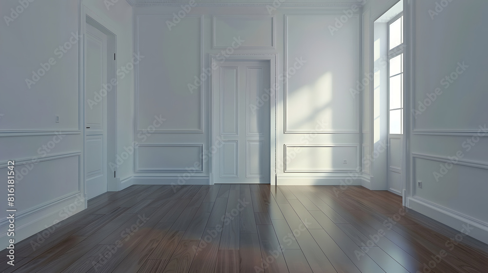 An empty room with white walls and wood flooring on the right there is a door in the corner : Generative AI An empty room with white walls and wood flooring on the right there is a door in the corner : Generative AI
