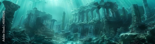 Enigmatic ocean depths reveal a mythical structure, a dramatic play of shadows and light among ageold ruins photo