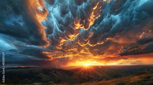 Dramatic Mammatus Clouds from High Mountain Viewpoint with Sunlight Piercing Through Darkened Sky