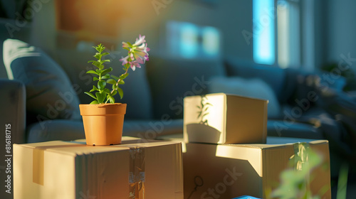 Boxes with things and a flower in the pot stand on the couch during the move of residents to a new apartment The concept of home buying and the hassle of moving : Generative AI photo