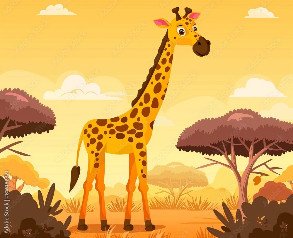 Fototapeta premium cartoon one giraffe in africa flat illustration.