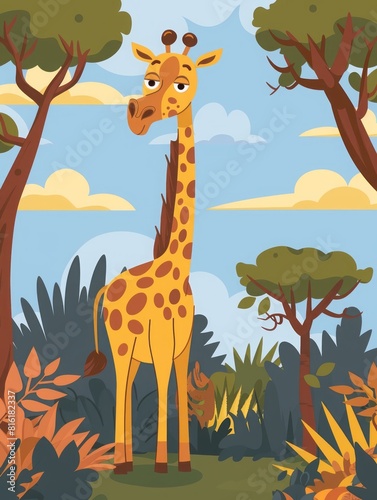 cartoon one giraffe in africa flat illustration.