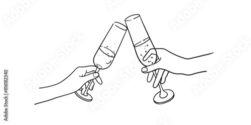 Continuous line champagne cheers one line art, continuous drawing contour. Toasting with wine glasses with drinks. Cheers toast festive decoration for holidays. Vector illustration	