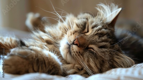 A pet cat lounging and grooming itself