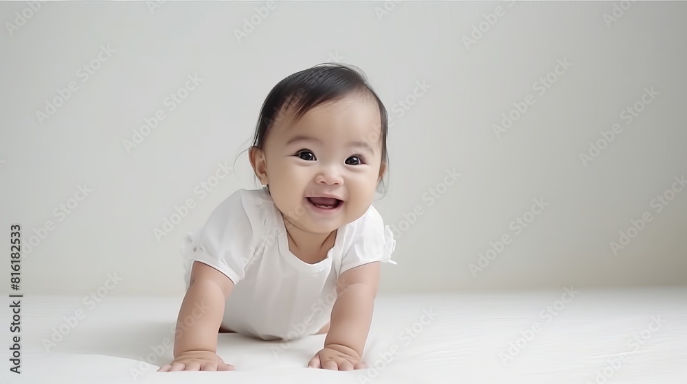 A smiling newborn baby crawls on a light background. Copy space A smiling newborn baby crawls on a light background. Copy space