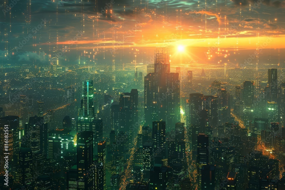 Highresolution depiction of a future metropolis with digital architecture, illuminated by a distant light, evoking a sense of progress Highresolution depiction of a future metropolis with digital architecture, illuminated by a distant light, evoking a sense of progress