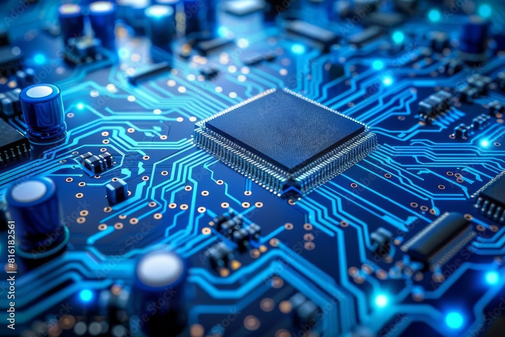 Highresolution image of a microchip circuit, blue tones highligh Highresolution image of a microchip circuit, blue tones highligh