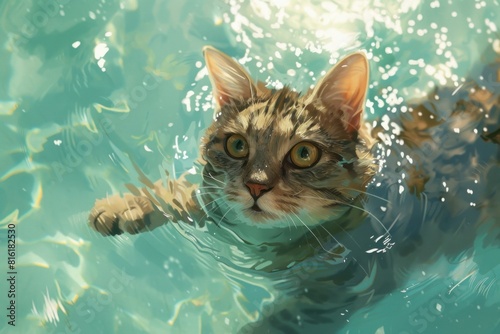 Striking image of a cute cat with wide eyes swimming in a pool of clear blue water