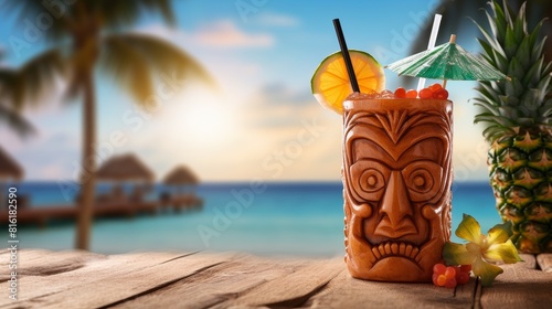 Fresh and delicious tiki cocktail with a straw at a beach bar on a hot summer day to quench your thirst 