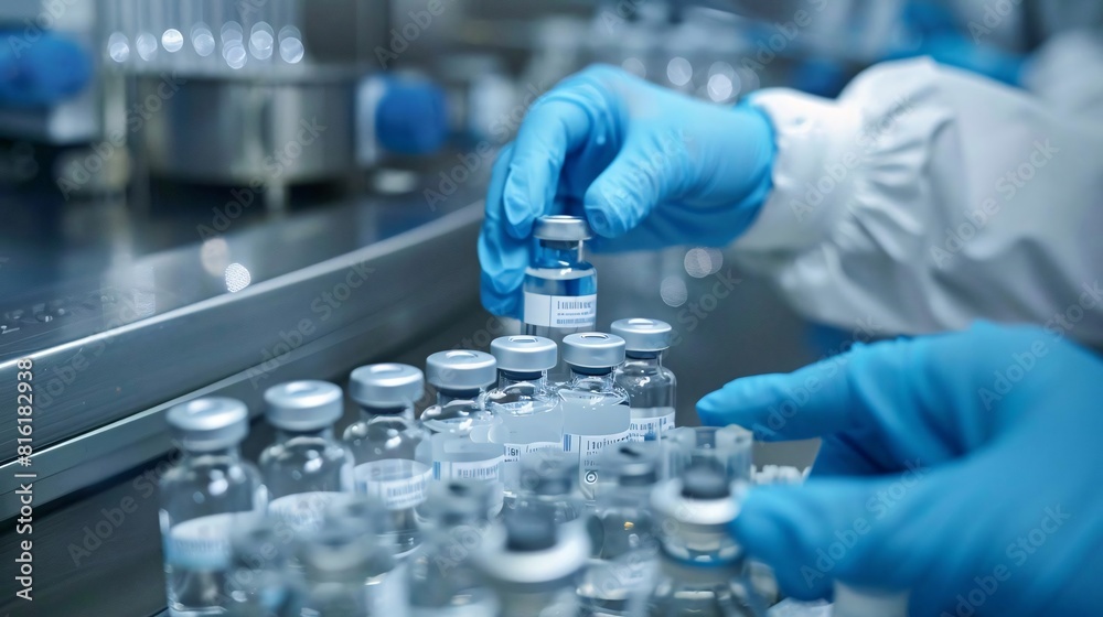 The critical process of vaccine production depicted through the careful handling of medicine vials The critical process of vaccine production depicted through the careful handling of medicine vials