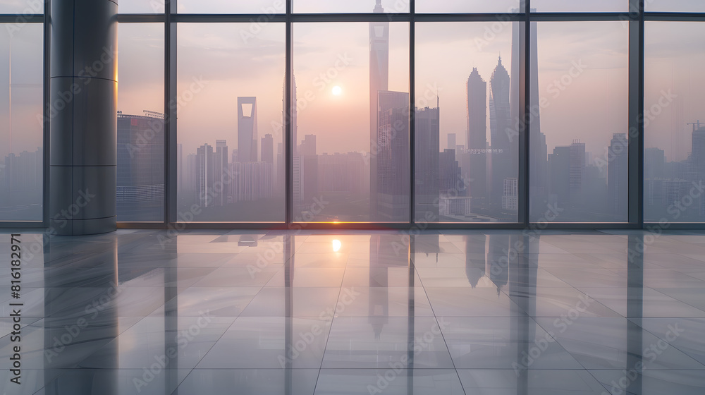 Fototapeta premium Empty floor and modern city skyline with building at sunrise in Hangzhou China : Generative AI