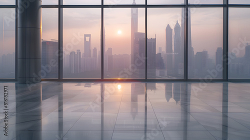 Empty floor and modern city skyline with building at sunrise in Hangzhou China : Generative AI