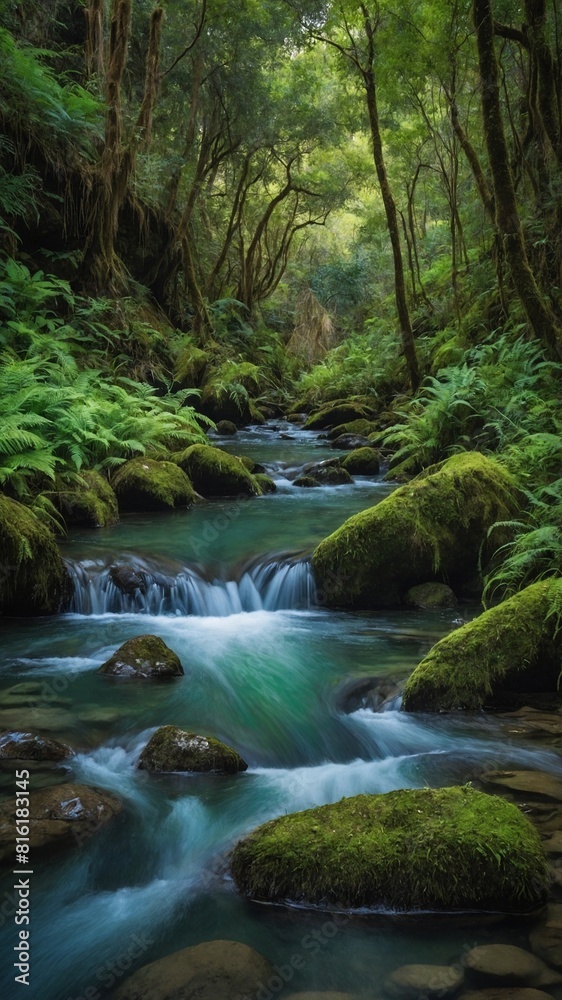 Serene stream flows gracefully through lush forest, surrounded by vibrant greenery, ancient trees. Water, clear, pure, cascades over smooth rocks, creating gentle yet mesmerizing dance of nature. Serene stream flows gracefully through lush forest, surrounded by vibrant greenery, ancient trees. Water, clear, pure, cascades over smooth rocks, creating gentle yet mesmerizing dance of nature.