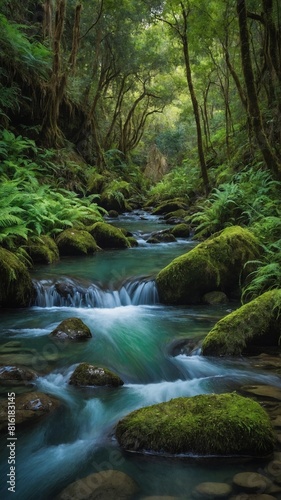 Serene stream flows gracefully through lush forest, surrounded by vibrant greenery, ancient trees. Water, clear, pure, cascades over smooth rocks, creating gentle yet mesmerizing dance of nature.