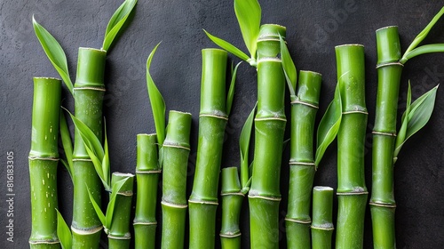   Black background featuring tightly packed green bamboo stalks with protruding green stems