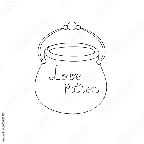 Witch cauldron with love potion hand drawn outline vector illustration, cooking pot for magic or poison drink, simple doodle image, black and white drawing for Halloween holiday celebrations © Contes de fée 