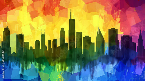 A city skyline silhouette with Rainbow of Pride