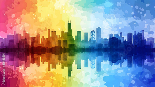 A city skyline silhouette with rainbow of Pride