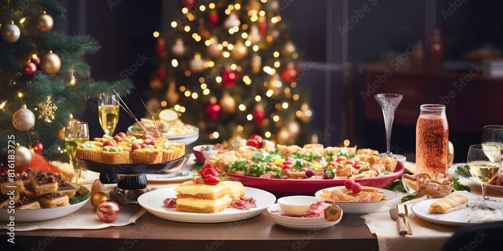 Lavish holiday feast spread across table, illuminated by Christmas tree lights. Variety of dishes celebrates festive spirit Lavish holiday feast spread across table, illuminated by Christmas tree lights. Variety of dishes celebrates festive spirit