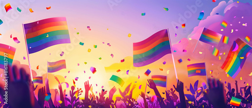Vibrant Pride Celebrations with Rainbow Flags and Festive Confetti