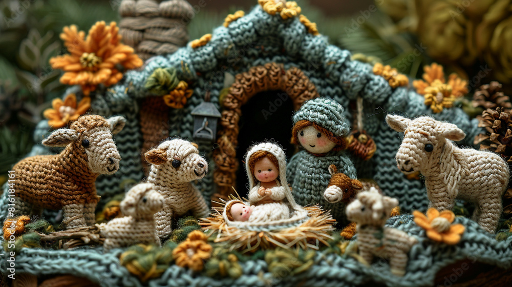Obraz premium Knitted Nativity scene. Christmas. Virgin Mary with newborn Jesus Christ in a manger in a stable with animals.Christian religious illustration, background, banner