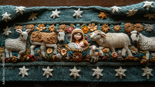 Knitted Nativity scene. Christmas.Newborn Jesus Christ in the manger  Mary  sheep and Vol. Christian religious illustration  embroidered background