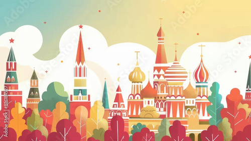 flat illustration, vintage postcard, celebration of Russia Day, national unity day, panoramic view of Moscow, the capital of Russia, red square