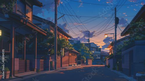A beautiful Japanese Tokyo city town in the evening with cozy lofi Asian architecture and anime comics artstyle.