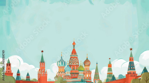 watercolor illustration, vintage postcard, celebration of Russia Day, national unity day, panoramic view of Moscow, the capital of Russia, red square, copy space, free space for text photo
