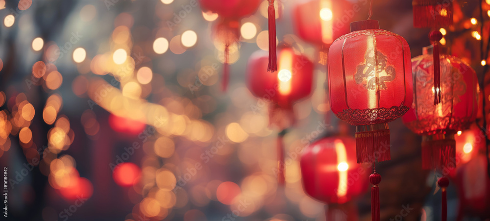 Festive Red Lanterns with Bokeh Lights. Traditional Chinese Lanterns for Celebration Festive Red Lanterns with Bokeh Lights. Traditional Chinese Lanterns for Celebration