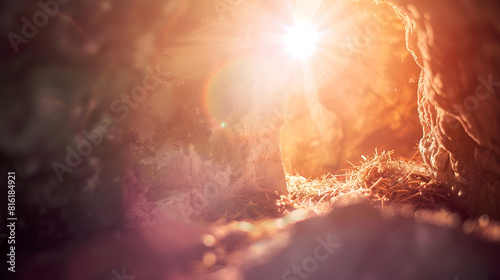 Empty Tomb  Resurrection Of Jesus Christ With Abstract Lights And Flare Effect   Generative AI