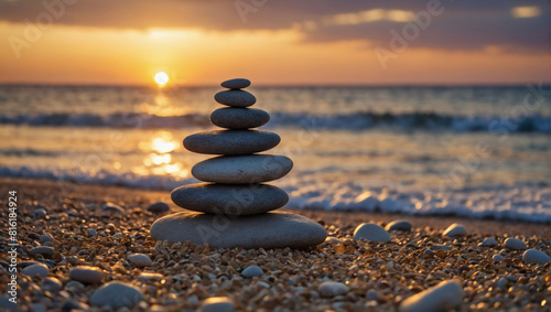 Zen Balance, Pile of Smooth Stones Resting on Sandy Beach, Backdropped by Setting Sun and Ocean Waves