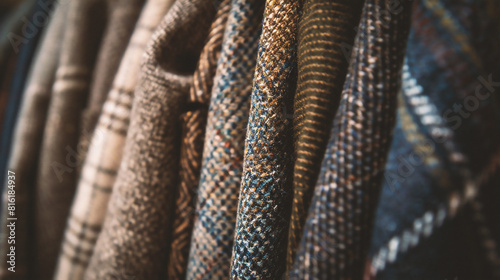 closeup of a collection of various scottish sweaters in a shop