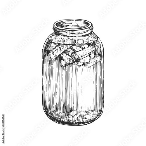 Vector hand-drawn illustration of homemade fermentation of kvass in a glass jar in the style of an engraving. A sketch with the stage of the drink preparation process.