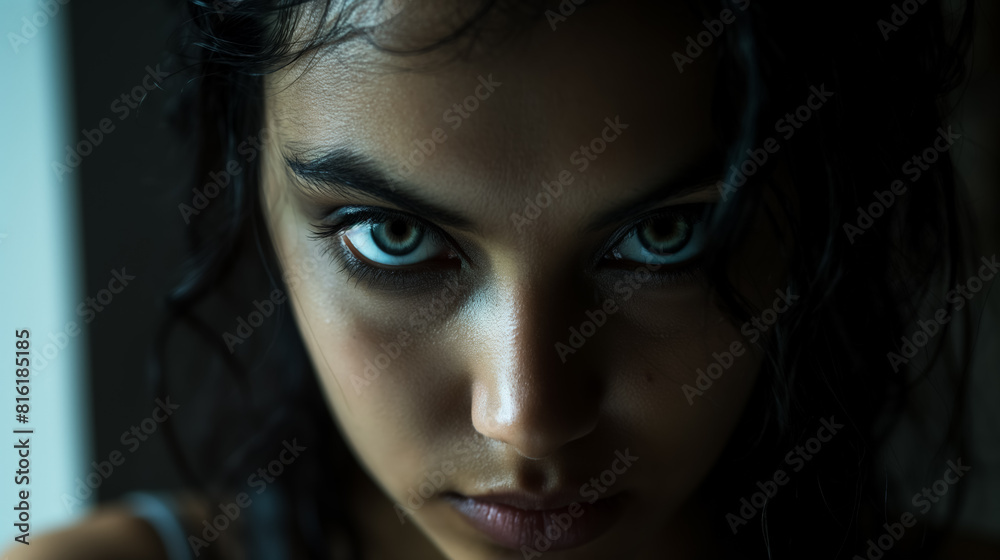 Woman with intense, piercing eyes, staring directly at the camera, creating a powerful and captivating image Woman with intense, piercing eyes, staring directly at the camera, creating a powerful and captivating image