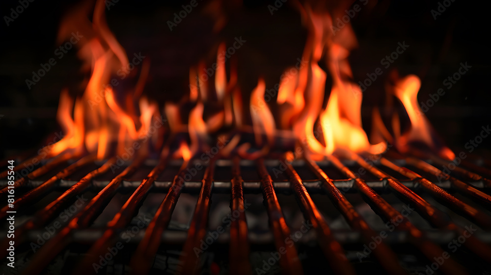Barbecue Grill With Fire Flames Empty Fire Grid On Black Background : Generative AI Barbecue Grill With Fire Flames Empty Fire Grid On Black Background : Generative AI
