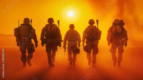 Five soldiers walking in unison towards the sunset in a desert landscape, creating a powerful and dramatic silhouette against the bright orange sky.