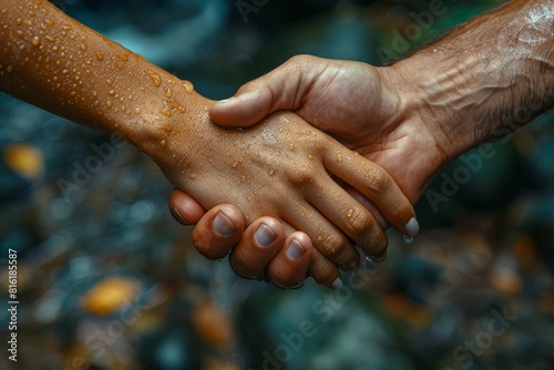 A person's hand reaching out to shake hands with someone from a different cultural background, symbolizing global friendship and unity. Concept of global solidarity and camaraderie. Generative Ai.
