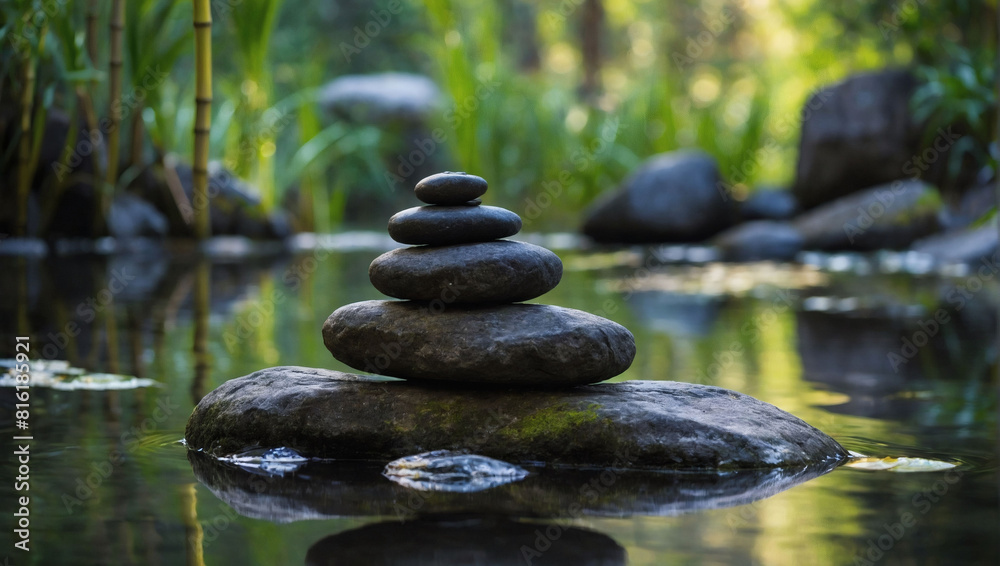 Zen State, Nature's Harmony with Bamboo, Rocks, and Water. Zen State, Nature's Harmony with Bamboo, Rocks, and Water.