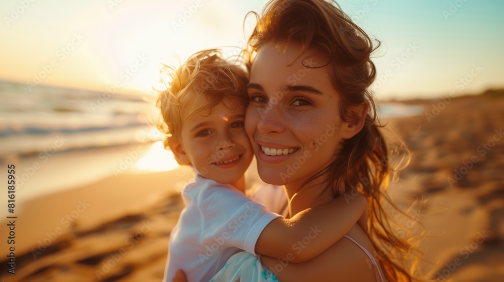 Close up happy mother having fun with her cute little son on the beach sunset, Summer concept Close up happy mother having fun with her cute little son on the beach sunset, Summer concept