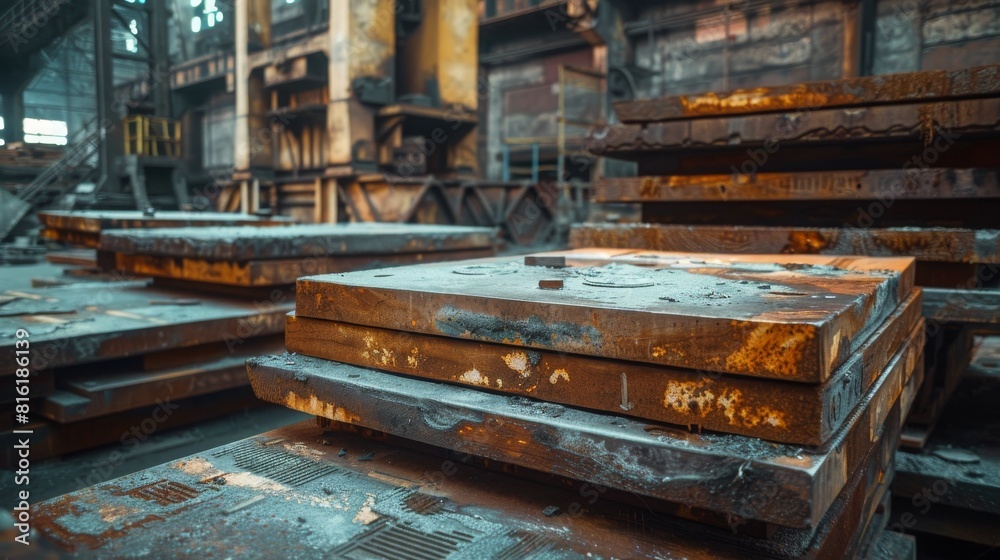 Interior view of a rusty old industrial manufacturing plant, 16:9
