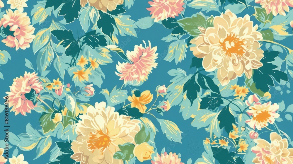 Floral retro seamless pattern with Chrysanthemum Dahlia Snapdragon flowers illustration background for fabric print design.