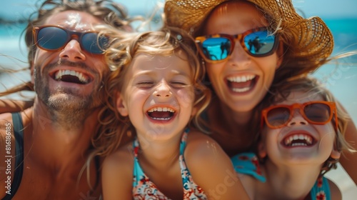 Happy cheerful family in glasses taking selfie on the beach during summer vacation on sea background © anatoliycherkas