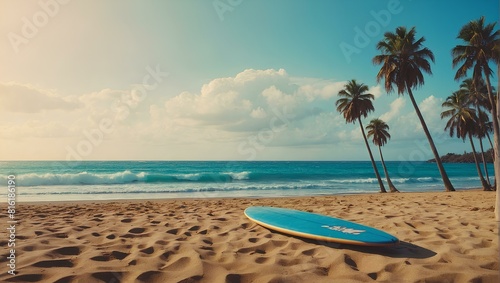 Surfboard and palm tree on beach with beach sign for surfing area. Travel adventure and water sport. relaxation and summer vacation concept. vintage color tone image.