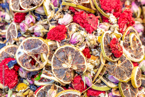 Close-up view of turkish mixed flower tea. Healthy tea.