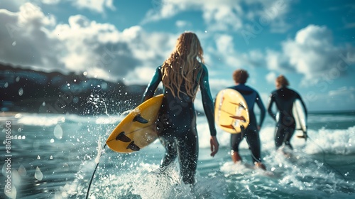 Fototapeta Naklejka Na Ścianę i Meble -  Multi generational young surfers friends have fun while surfing on beach excited about awesome waves