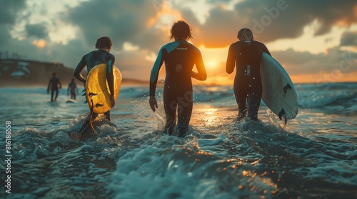 Fototapeta Naklejka Na Ścianę i Meble -  Multi generational young surfers friends have fun while surfing on beach excited about awesome waves
